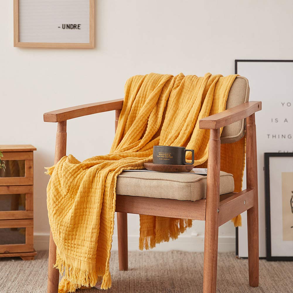 Simple&Opulence Cotton Muslin Throw Blanket for Bed, Couch, Knit Woven Gauze Blanket with Tassels, Soft Lightweight Cozy Pre-Washed Breathable Farmhouse Decoration for All-Season (Cream)