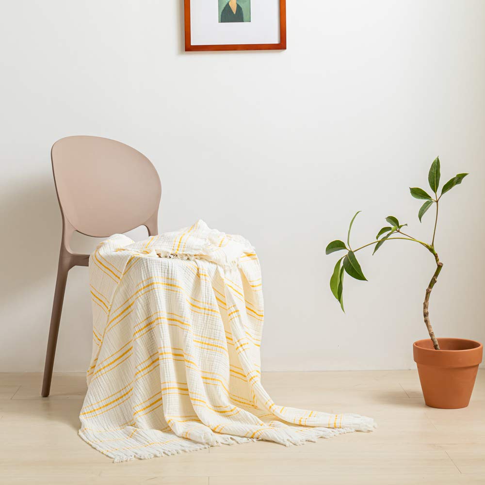 Simple&Opulence Yarn Dyed Striped Cotton Muslin Throw Blanket for Bed, Couch, Knit Woven Blanket with Tassels Soft Lightweight Cozy Pre-Washed Breathable Farmhouse Decoration for All-Season(Grey)