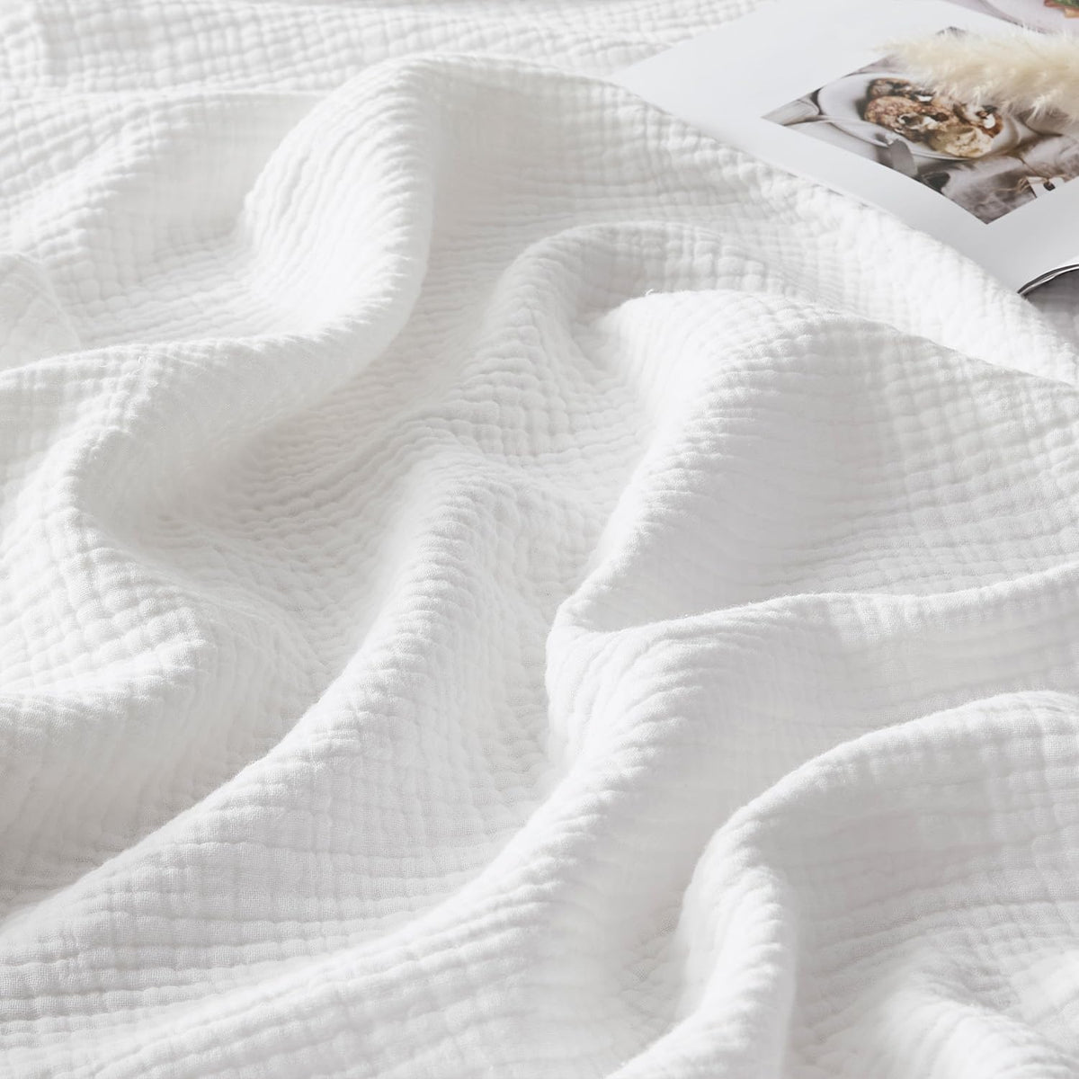 WDCOZY 100% Cotton Muslin Blanket King Size 4-Layer for Bed Breathable Lightweight Soft Large Boho Farmhouse Linen Tassels Ruffle Gauze Blankets All Season for Adults 108x90 Inches White