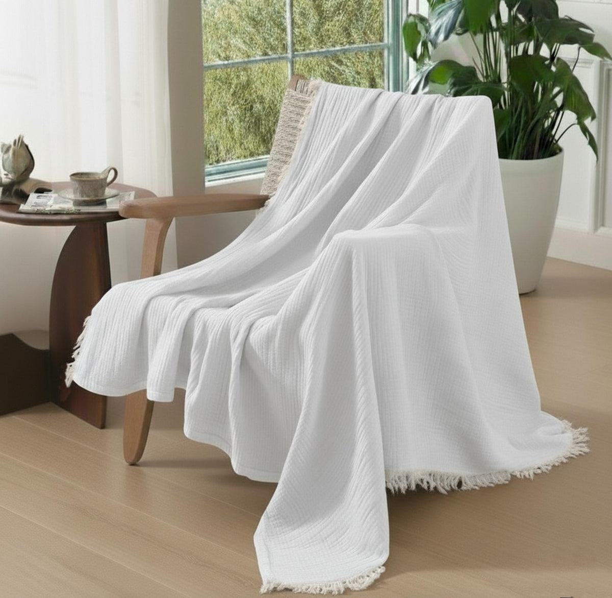 KyraHome 100% Organic Cotton Muslin Throw Blanket, 50"x60", Oatmeal Khaki