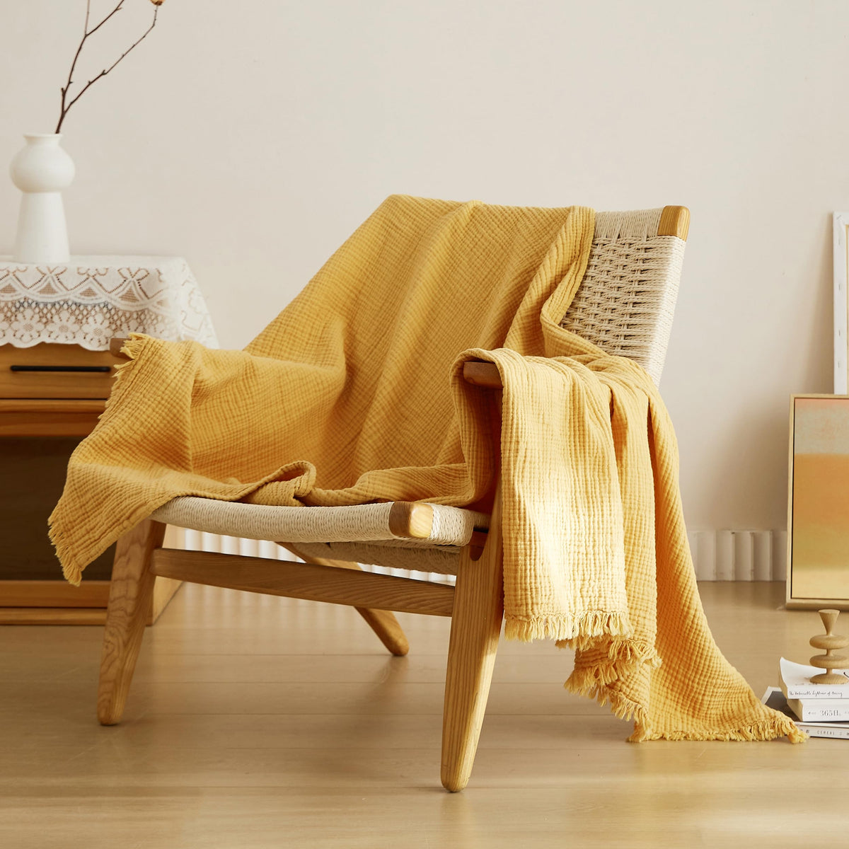 Simple&Opulence Cotton Muslin Throw Blanket 4 Layers for Bed, Couch, Woven Gauze Blanket with Tassels, Soft Lightweight Cozy Pre-Washed Breathable Farmhouse Decoration for All-Season(Light Khaki)
