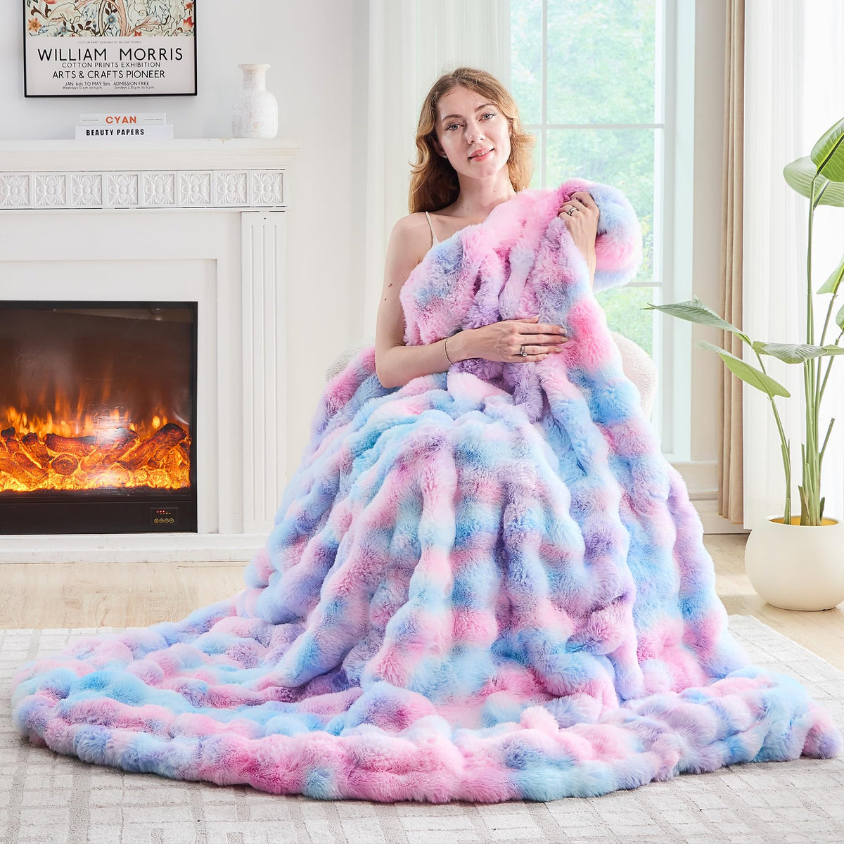 Lotus Karen Faux Fur Throw Blanket Cream White - Big Bubble Rabbit Fluff Blanket for Couch, Small Fluffy Fuzzy Cozy Blanket, Thick Furry Plush Shaggy Blankets, 50x60 Inches