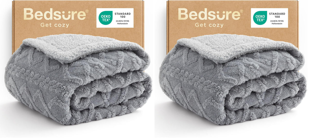 Bedsure Sherpa Fleece Blanket, Cable Jacquard Tufted, Warm, Throw, Grey
