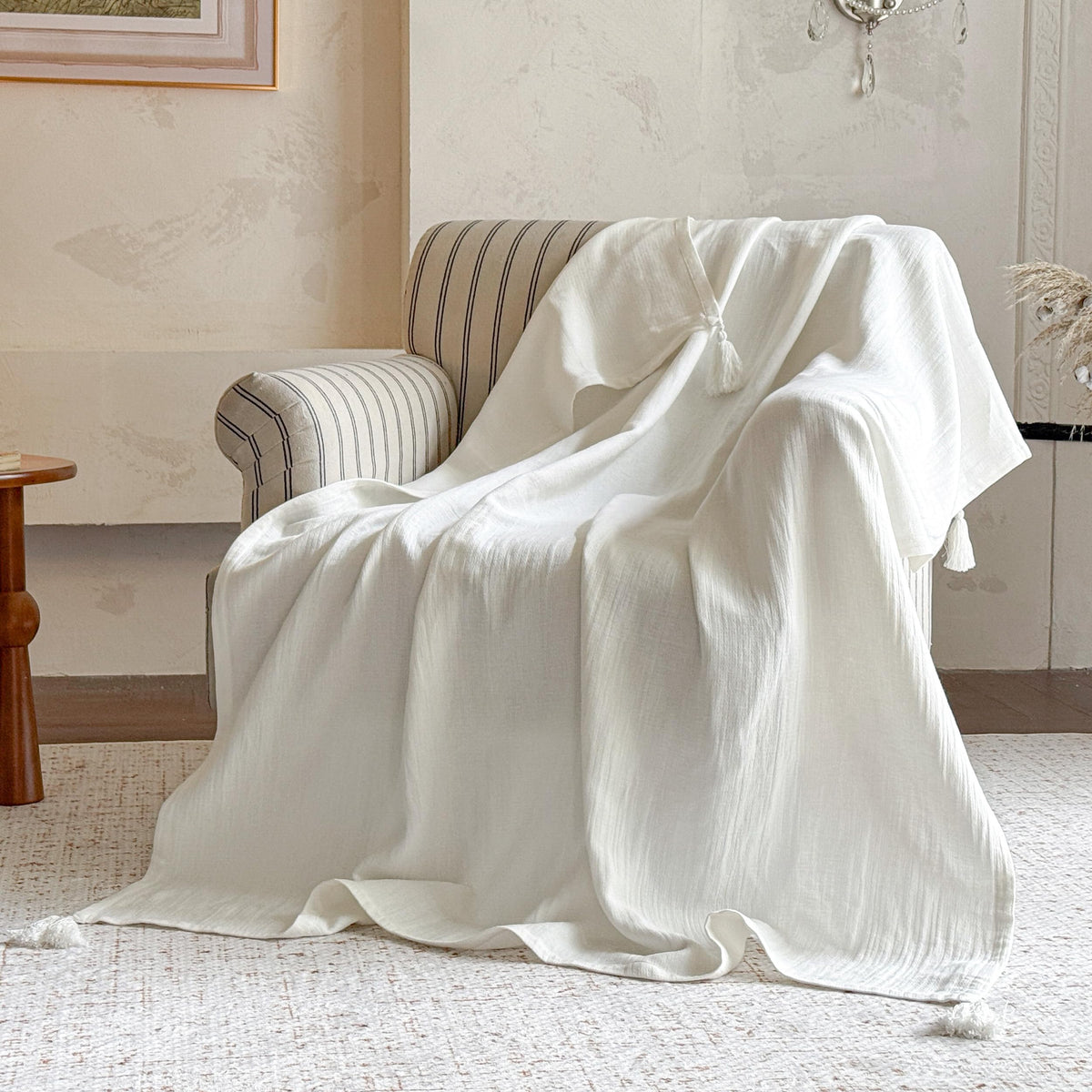 Simple&Opulence Linen Cotton Throw Blanket with Tassels, Double-Layer Flax Blend Blanket for Couch Sofa Bed, Soft Lightweight Breathable Boho Farmhouse Throw for All-Season (50"X60",White)