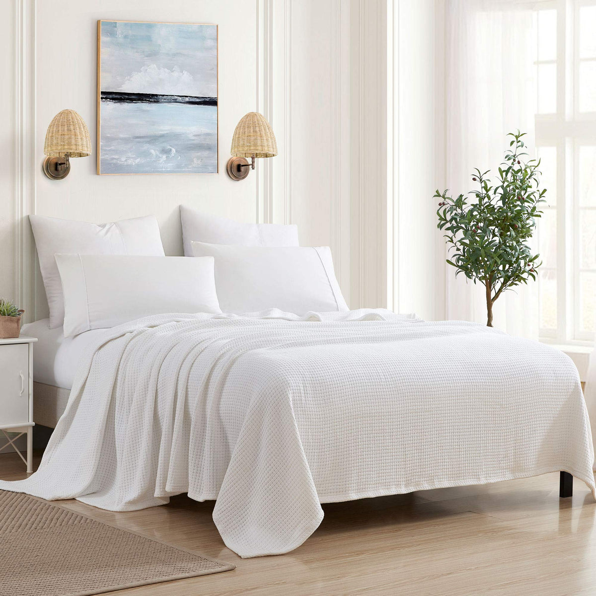 Sweet Home Collection 100% Fine Cotton Luxurious Basket Weave Blanket, Ivory Full/Queen(Pack of 1)