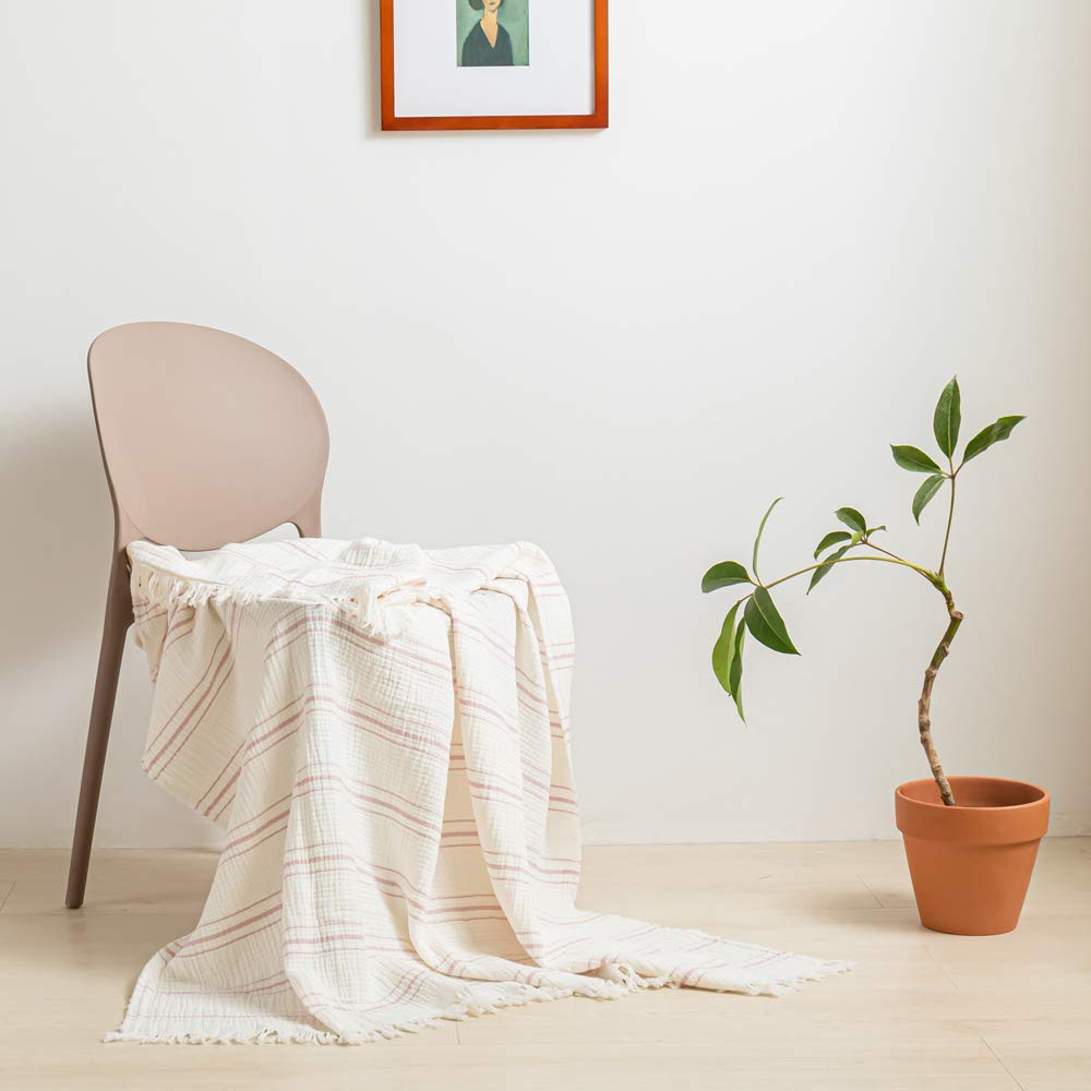 Simple&Opulence Yarn Dyed Striped Cotton Muslin Throw Blanket for Bed, Couch, Knit Woven Blanket with Tassels Soft Lightweight Cozy Pre-Washed Breathable Farmhouse Decoration for All-Season(Grey)