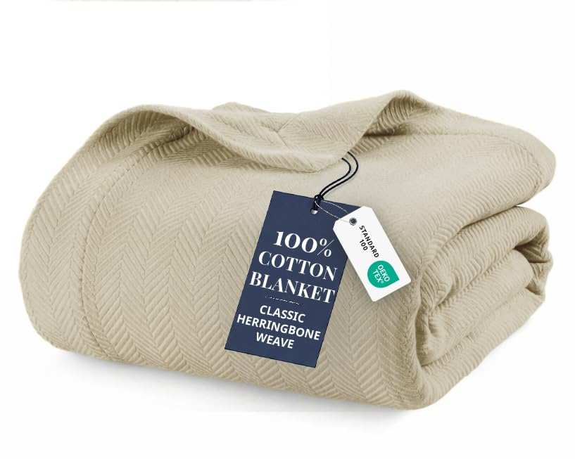 LANE LINEN Queen Size Blankets for Bed, 100% Cotton Herringbone Weave