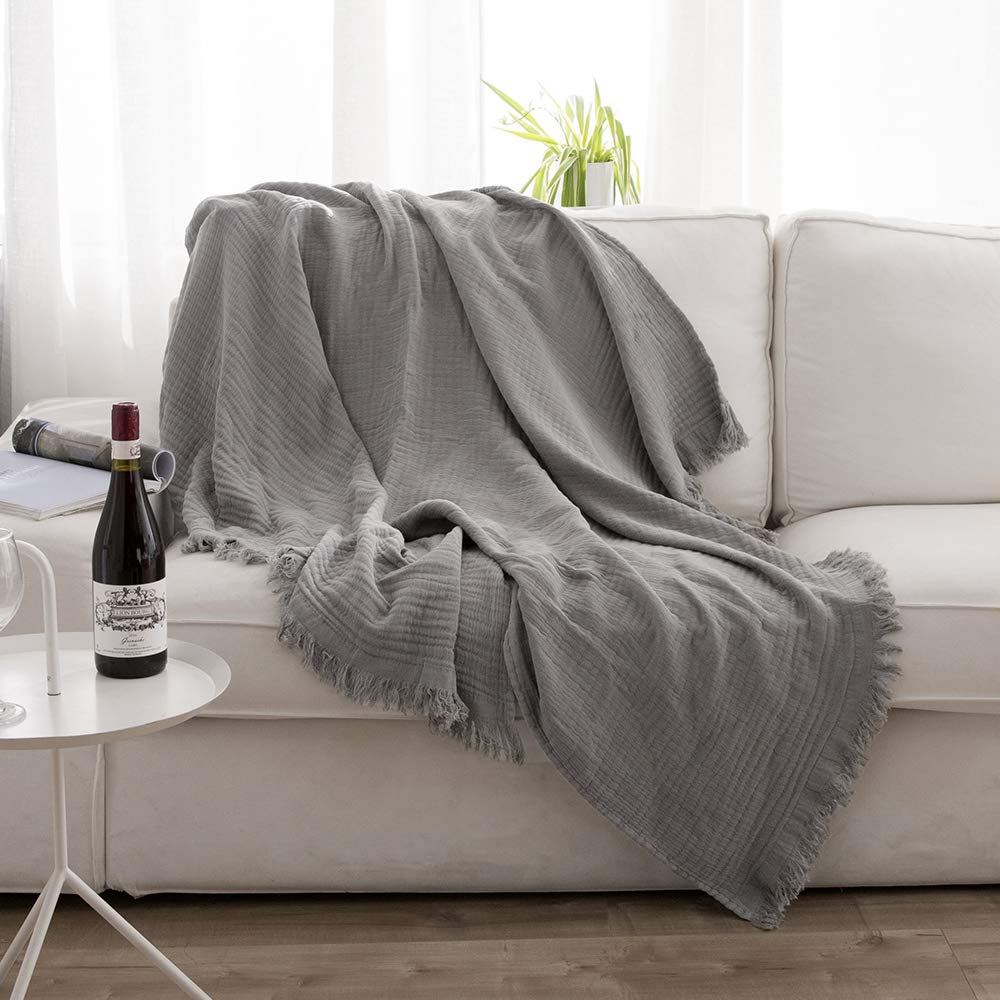 Simple&Opulence Cotton Muslin Throw Blanket for Bed, Couch, Knit Woven Gauze Blanket with Tassels, Soft Lightweight Cozy Pre-Washed Breathable Farmhouse Decoration for All-Season (Cream)