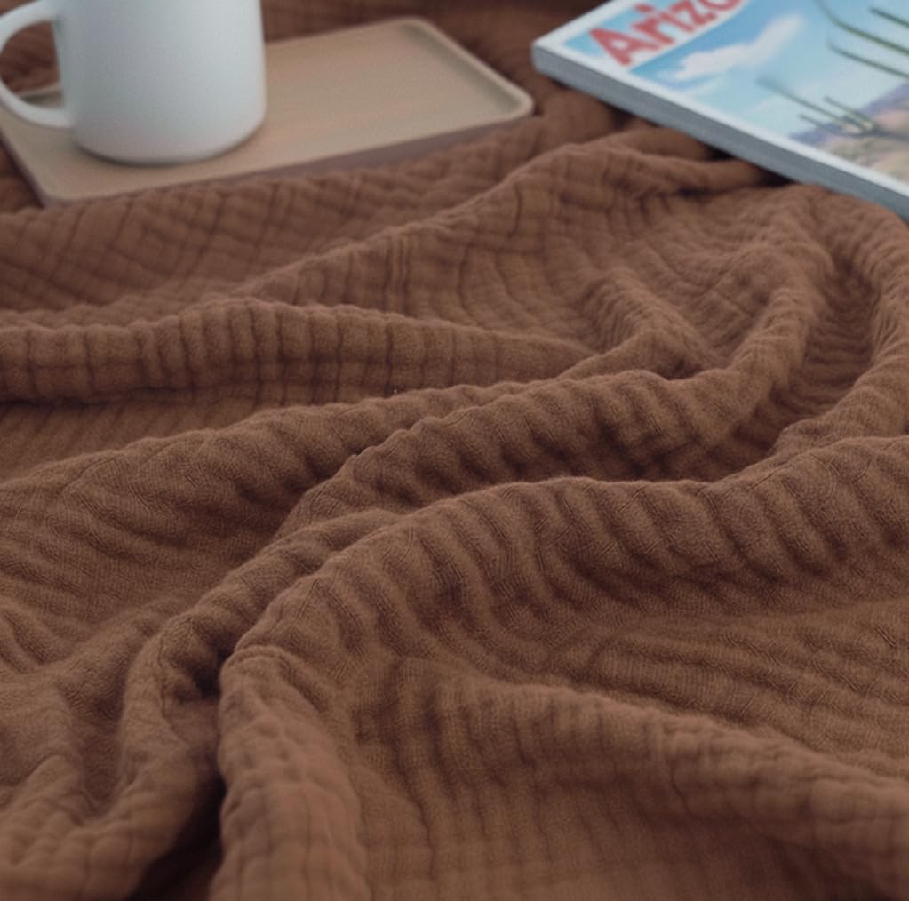 KyraHome 100% Organic Cotton Muslin Throw Blanket, 50"x60", Oatmeal Khaki