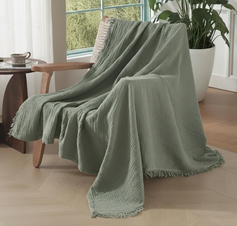 KyraHome 100% Organic Cotton Muslin Throw Blanket, 50"x60", Oatmeal Khaki
