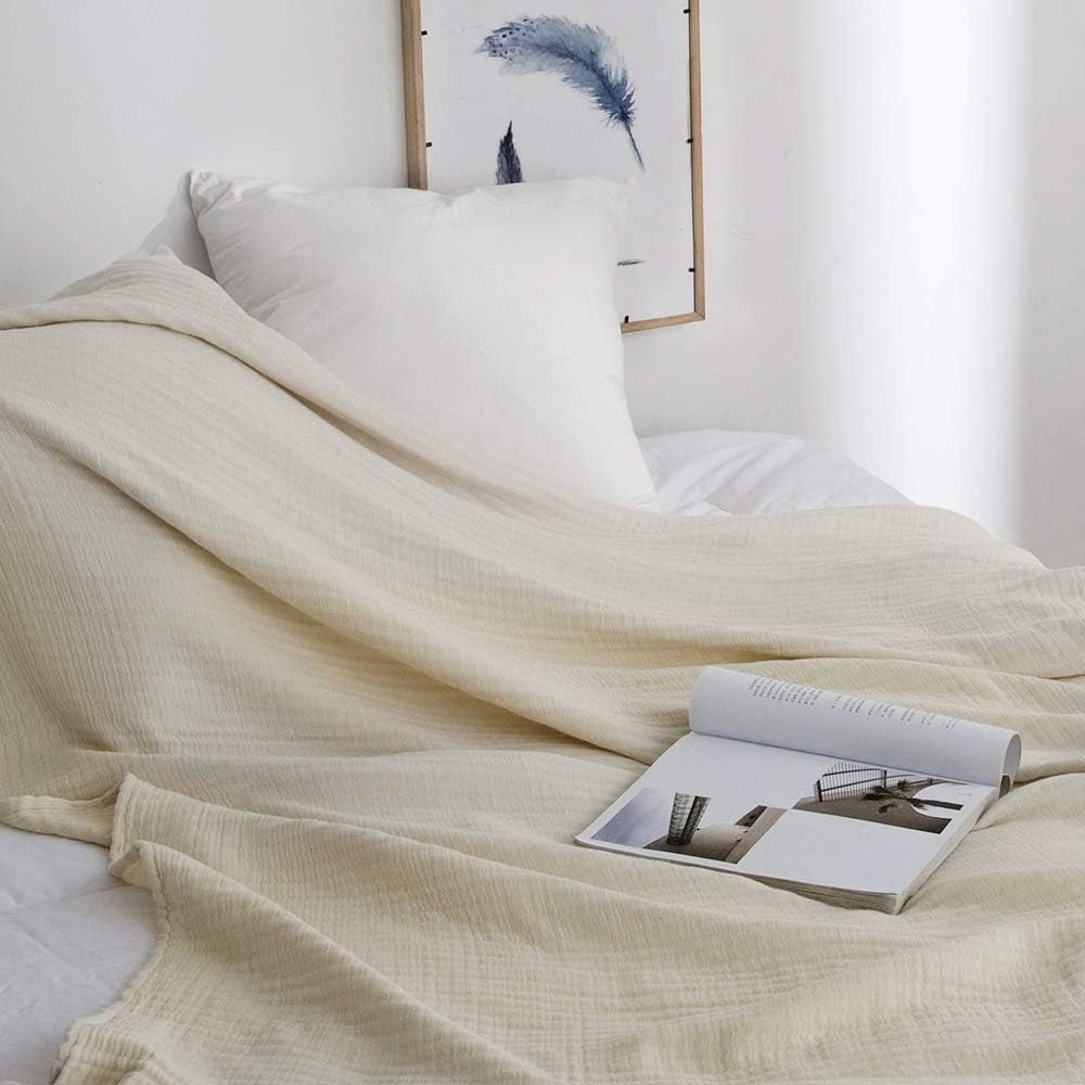 Simple&Opulence Cotton Muslin Throw Blanket for Bed, Couch, Knit Woven Gauze Blanket with Tassels, Soft Lightweight Cozy Pre-Washed Breathable Farmhouse Decoration for All-Season (Cream)