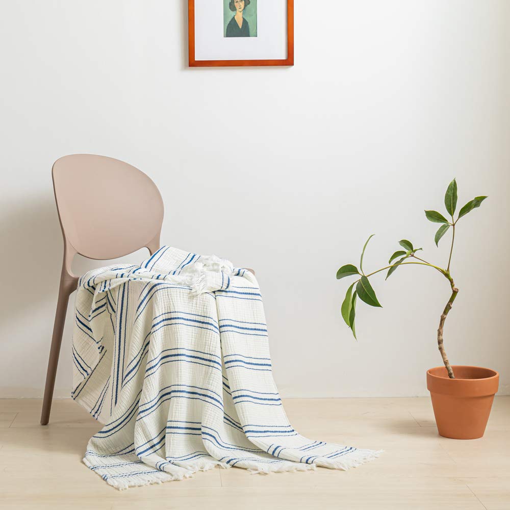 Simple&Opulence Yarn Dyed Striped Cotton Muslin Throw Blanket for Bed, Couch, Knit Woven Blanket with Tassels Soft Lightweight Cozy Pre-Washed Breathable Farmhouse Decoration for All-Season(Grey)