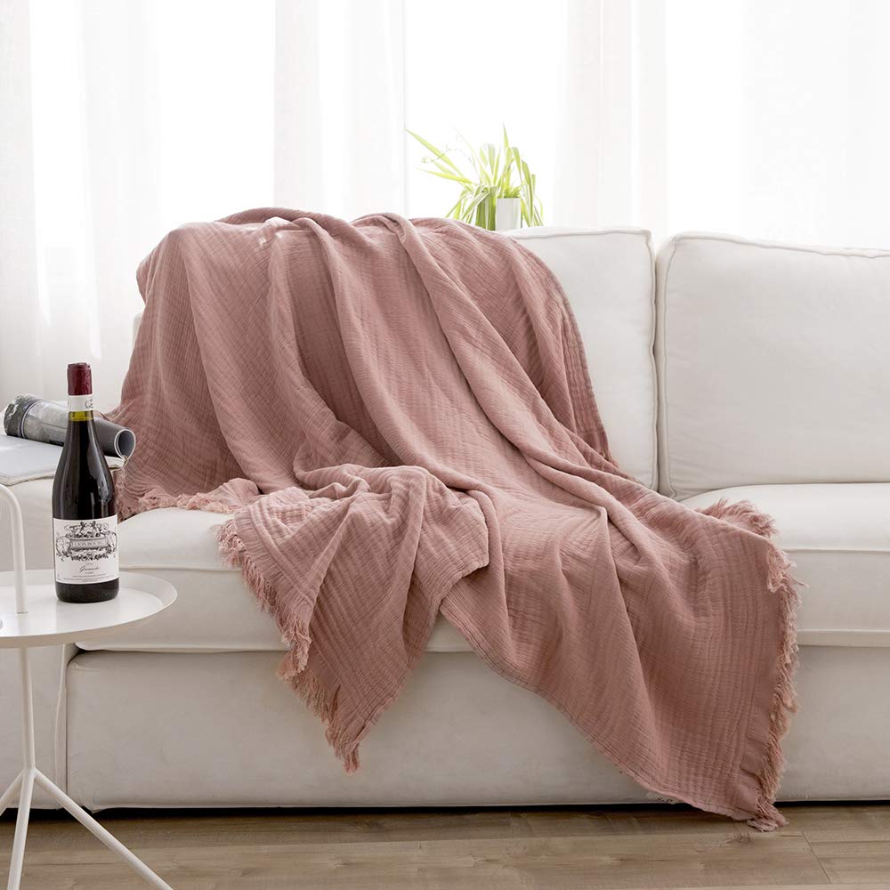 Simple&Opulence Cotton Muslin Throw Blanket for Bed, Couch, Knit Woven Gauze Blanket with Tassels, Soft Lightweight Cozy Pre-Washed Breathable Farmhouse Decoration for All-Season (Cream)
