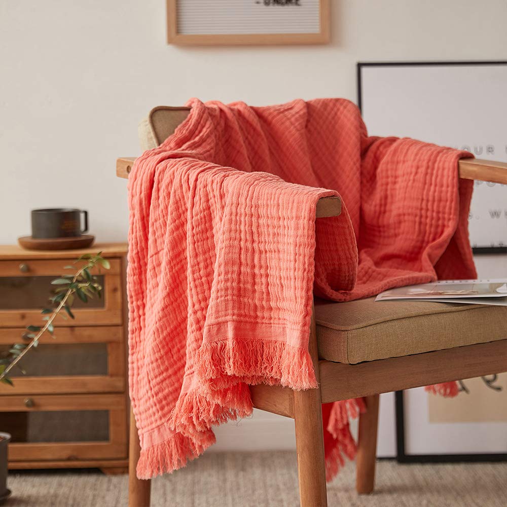 Simple&Opulence Cotton Muslin Throw Blanket for Bed, Couch, Knit Woven Gauze Blanket with Tassels, Soft Lightweight Cozy Pre-Washed Breathable Farmhouse Decoration for All-Season (Cream)