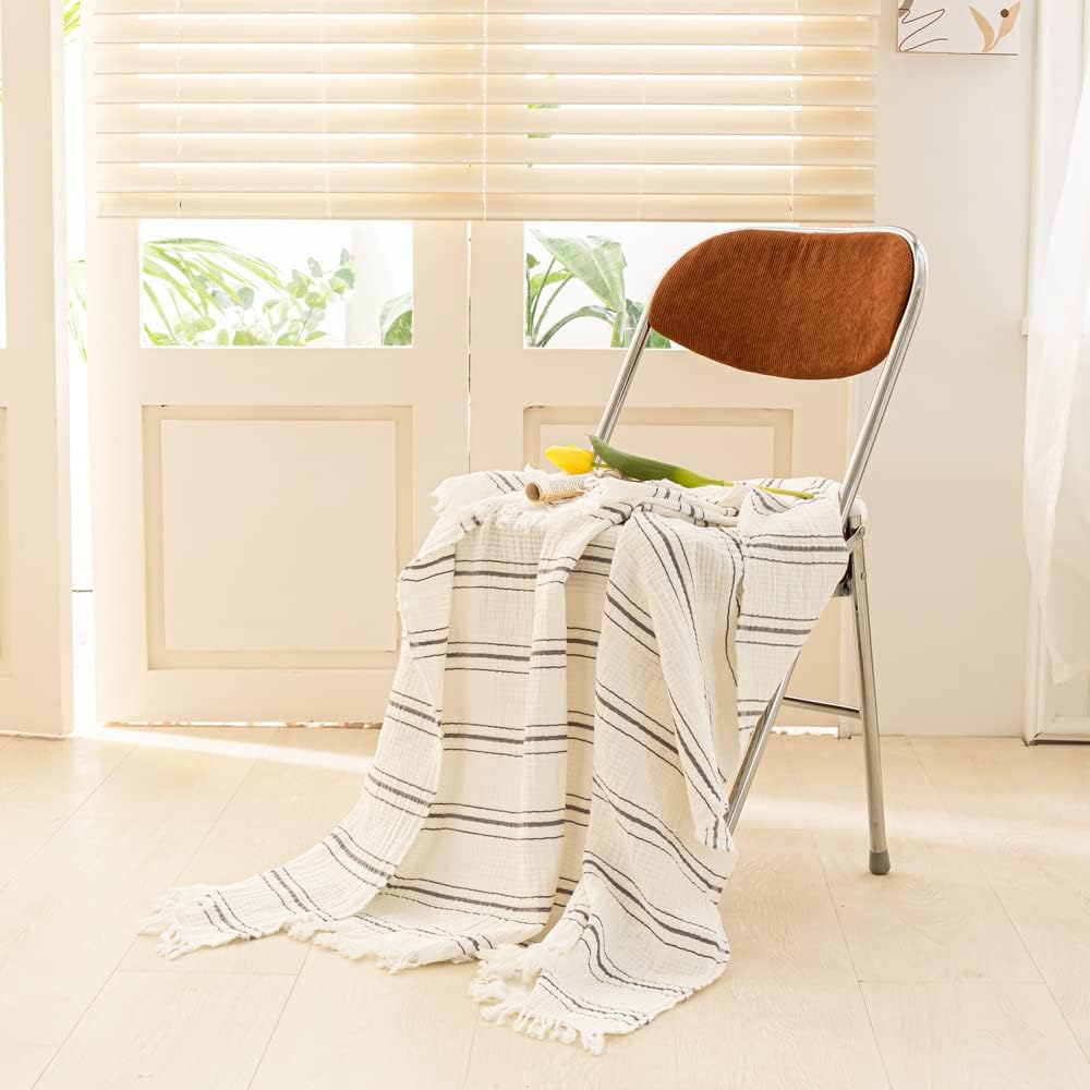 Simple&Opulence Yarn Dyed Striped Cotton Muslin Throw Blanket for Bed, Couch, Knit Woven Blanket with Tassels Soft Lightweight Cozy Pre-Washed Breathable Farmhouse Decoration for All-Season(Grey)