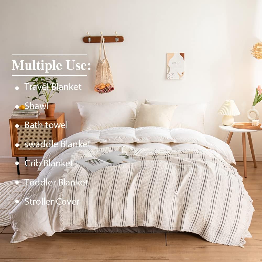 Simple&Opulence Yarn Dyed Striped Cotton Muslin Throw Blanket for Bed, Couch, Knit Woven Blanket with Tassels Soft Lightweight Cozy Pre-Washed Breathable Farmhouse Decoration for All-Season(Grey)