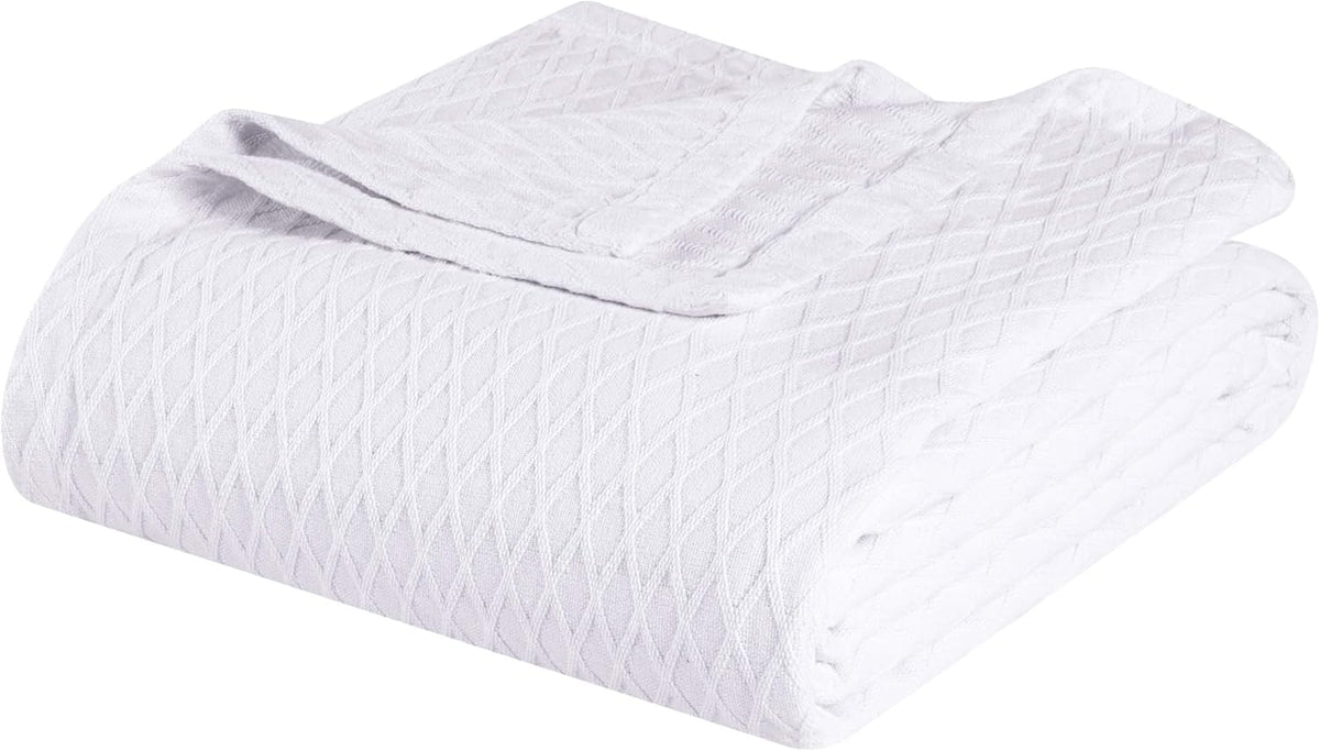 Superior Diamond Weave All-Season Cotton Blanket, Cover for Home, Couch, Bed, Soft, Warm Blankets, Boho Aesthetic, Comfy, Cozy, and Cute Covers, Decorative Bedding Essentials, Full/Queen, Ivory