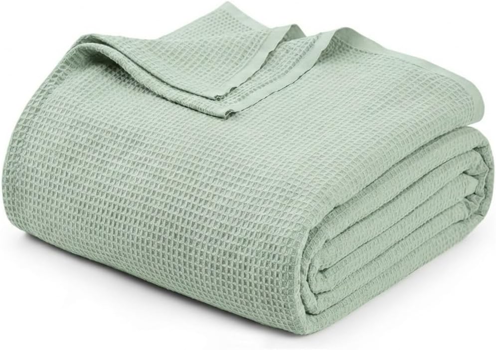 Cotton Waffle Weave Blanket Soft Woven Lightweight Breathable Bed Blanket Queen Size for Layering Any Bed, Couch Sofa,Home Decor All Season (Sage Green, 90" x 90")
