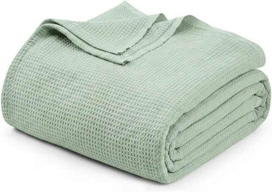 Cotton Waffle Weave Blanket Soft Woven Lightweight Breathable Bed Blanket Queen Size for Layering Any Bed, Couch Sofa,Home Decor All Season (Sage Green, 90" x 90")