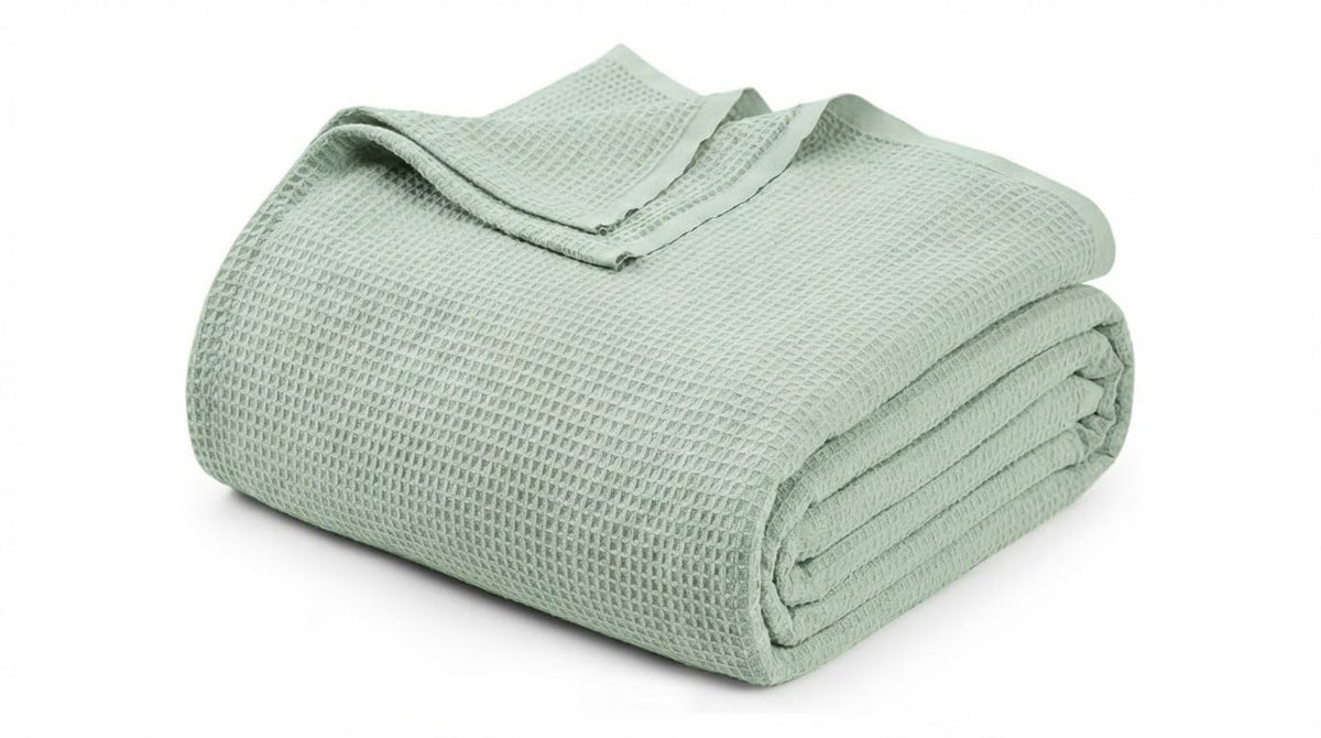 Cotton Waffle Weave Blanket Soft Woven Lightweight Breathable Bed Blanket Queen Size for Layering Any Bed, Couch Sofa,Home Decor All Season (Sage Green, 90" x 90")