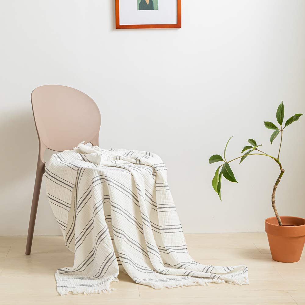 Simple&Opulence Yarn Dyed Striped Cotton Muslin Throw Blanket for Bed, Couch, Knit Woven Blanket with Tassels Soft Lightweight Cozy Pre-Washed Breathable Farmhouse Decoration for All-Season(Grey)