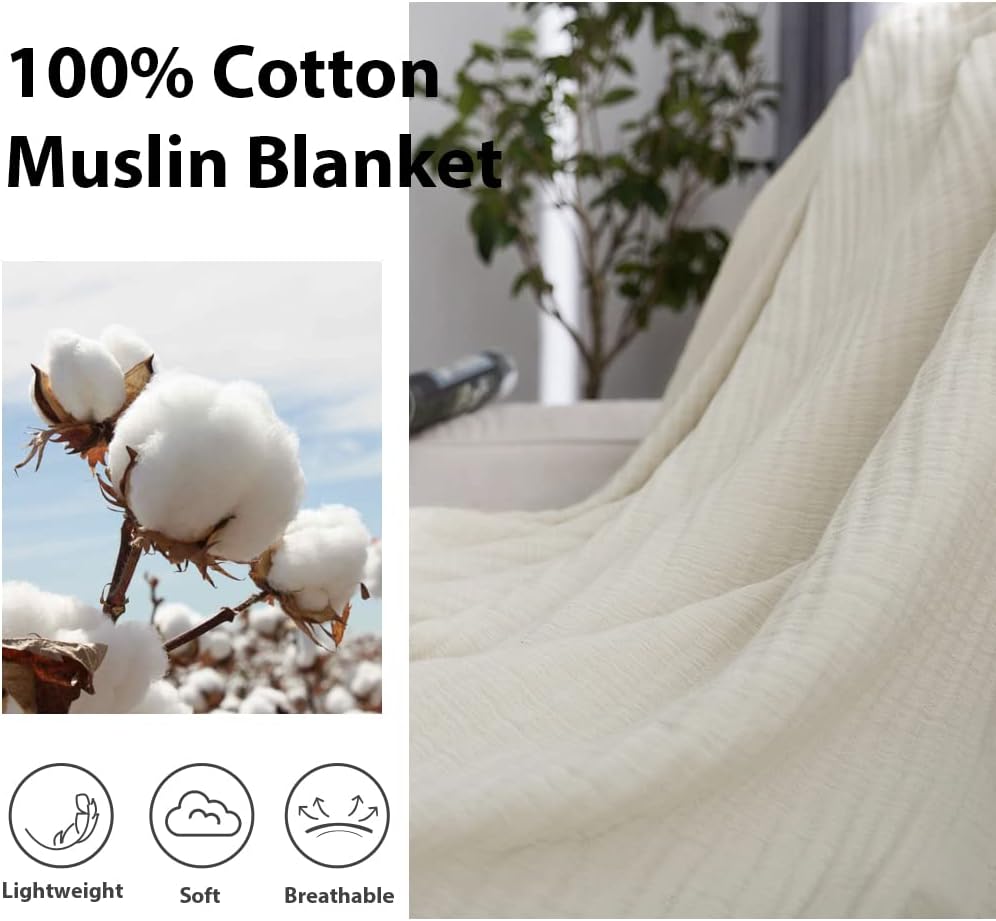 Simple&Opulence Cotton Muslin Throw Blanket for Bed, Couch, Knit Woven Gauze Blanket with Tassels, Soft Lightweight Cozy Pre-Washed Breathable Farmhouse Decoration for All-Season (Cream)