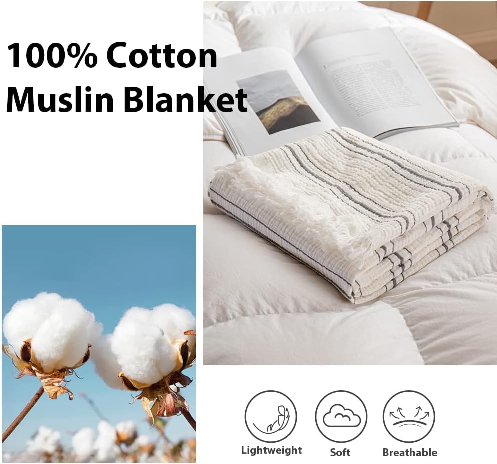 Simple&Opulence Yarn Dyed Striped Cotton Muslin Throw Blanket for Bed, Couch, Knit Woven Blanket with Tassels Soft Lightweight Cozy Pre-Washed Breathable Farmhouse Decoration for All-Season(Grey)