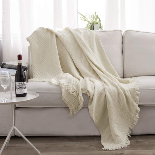 Simple&Opulence Cotton Muslin Throw Blanket for Bed, Couch, Knit Woven Gauze Blanket with Tassels, Soft Lightweight Cozy Pre-Washed Breathable Farmhouse Decoration for All-Season (Cream)