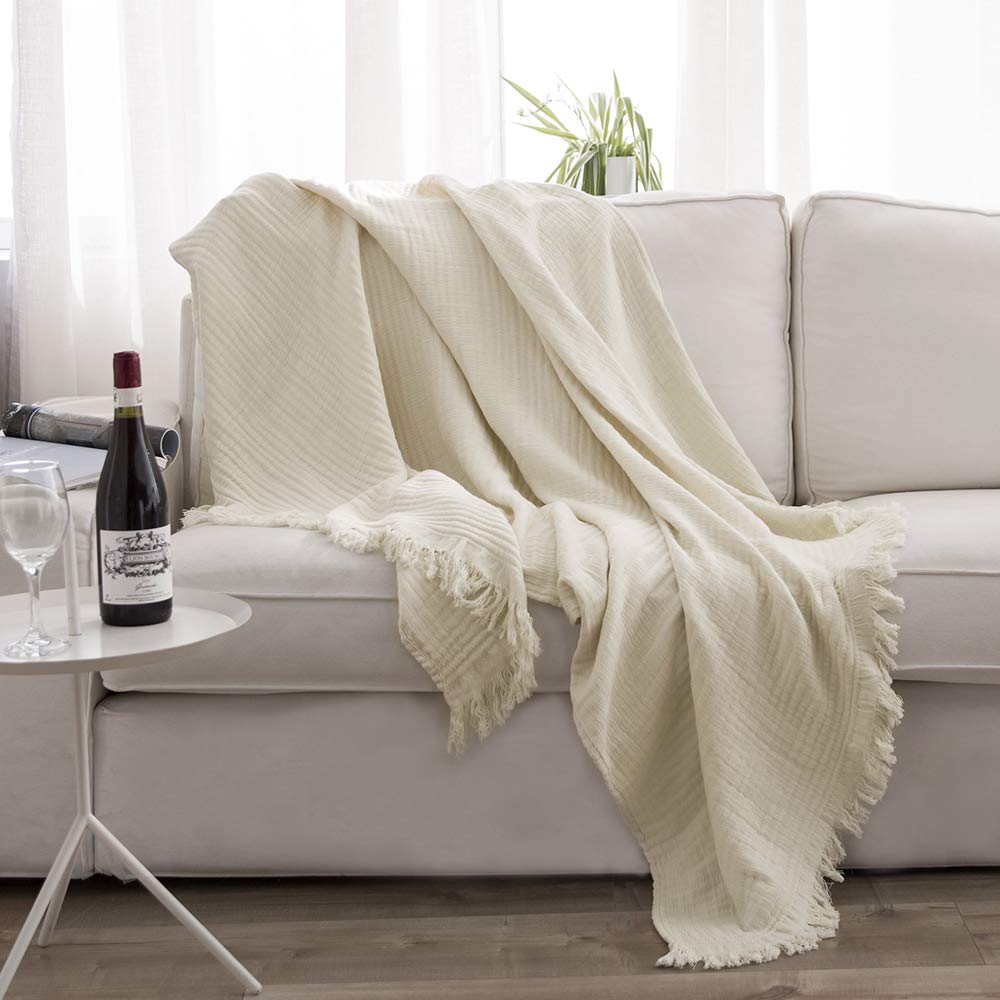 Simple&Opulence Cotton Muslin Throw Blanket for Bed, Couch, Knit Woven Gauze Blanket with Tassels, Soft Lightweight Cozy Pre-Washed Breathable Farmhouse Decoration for All-Season (Cream)