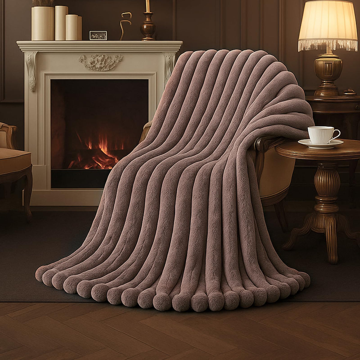 Amélie Home Soft Striped Faux Fur Throw Blanket for Couch, Ivory, 55"x70"
