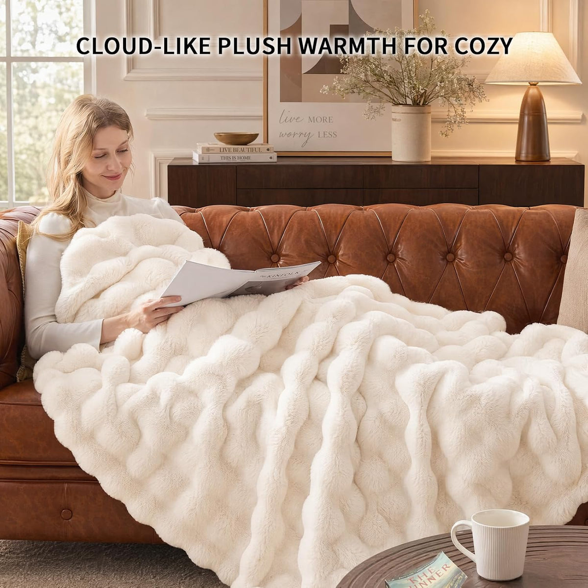 IKALIFE Cozy Bubble Faux Fur Throw Blanket for Couch, 50x60 Cream