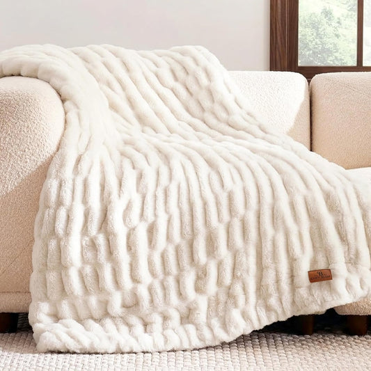 Cozy Bliss Double-Sided Soft Faux Fur Throw Blanket,50"x60", Cream White