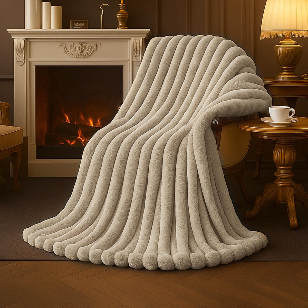 Amélie Home Soft Striped Faux Fur Throw Blanket for Couch, Ivory, 55"x70"
