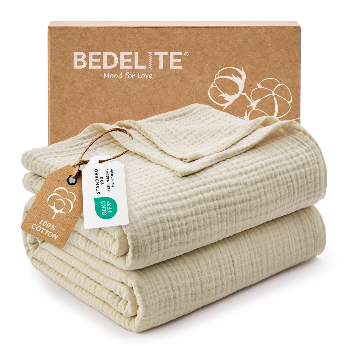 BEDELITE 100% Cotton Muslin Blanket for Adults, Breathable, White, 50"x70"
