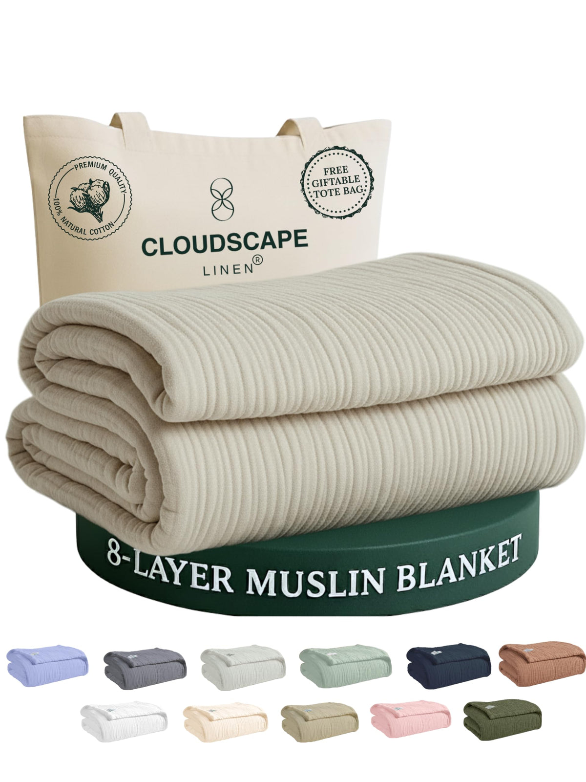 CLOUDSCAPE 8 Layer Muslin Blanket Queen Size, Gauze, Cotton 92"x92" - Ivory