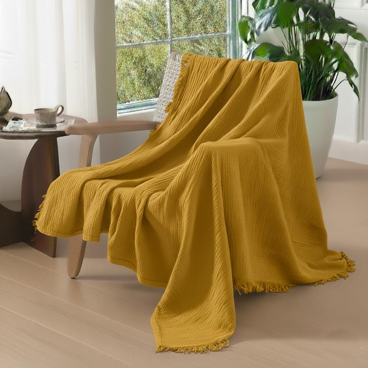 KyraHome 100% Organic Cotton Muslin Throw Blanket, 50"x60", Oatmeal Khaki