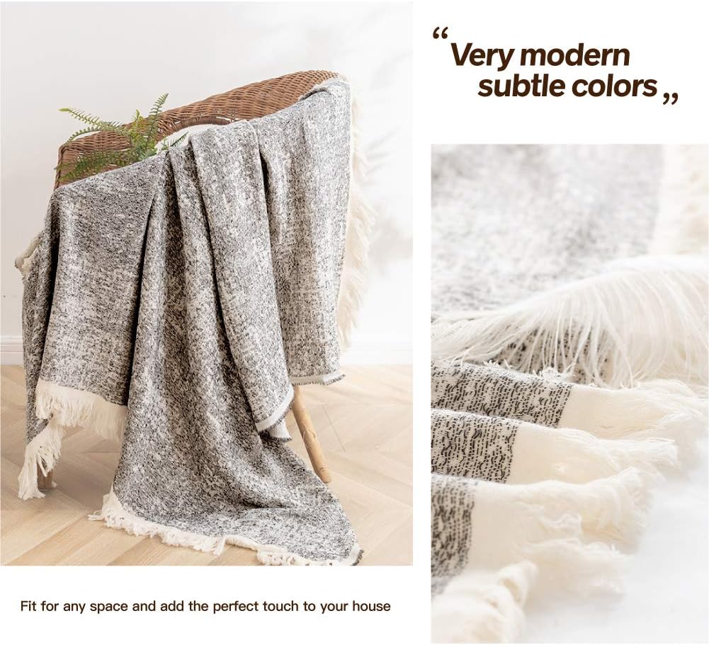 Simple&Opulence Cotton Fringed and Striped Throw Blanket for Bed, Couch,Knit Woven with Tassels Soft Lightweight Cozy Blanket Scarf Shawl Farmhouse Decoration for All-Season (Dark Grey)