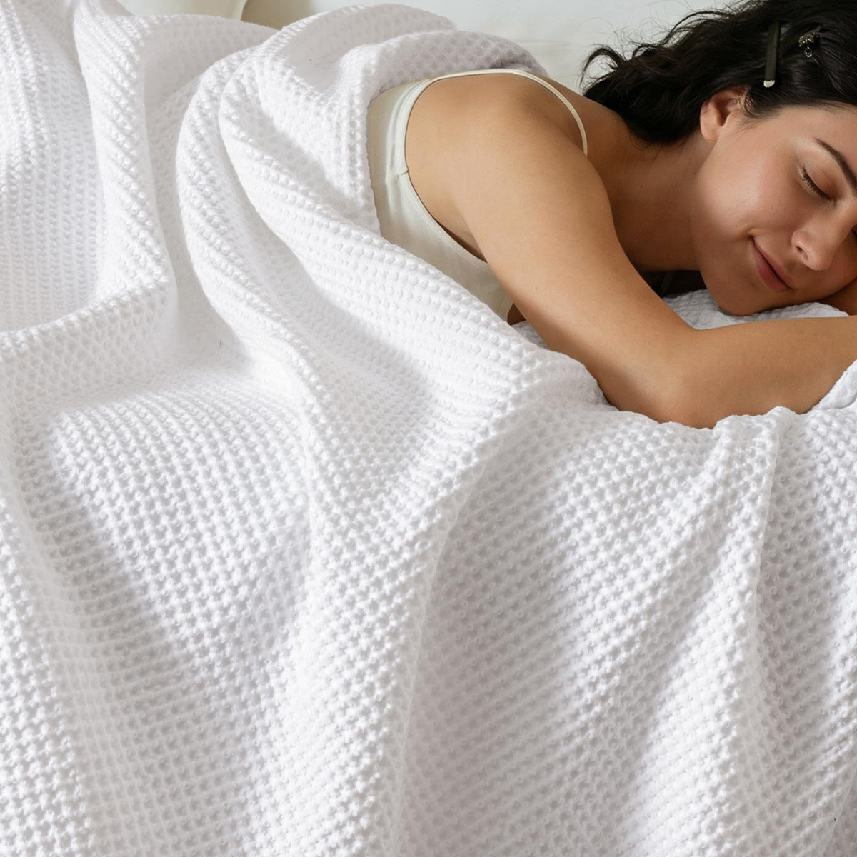 PHF 100% Cotton Waffle Blanket Lightweight Breathable, Queen Linen/Stone