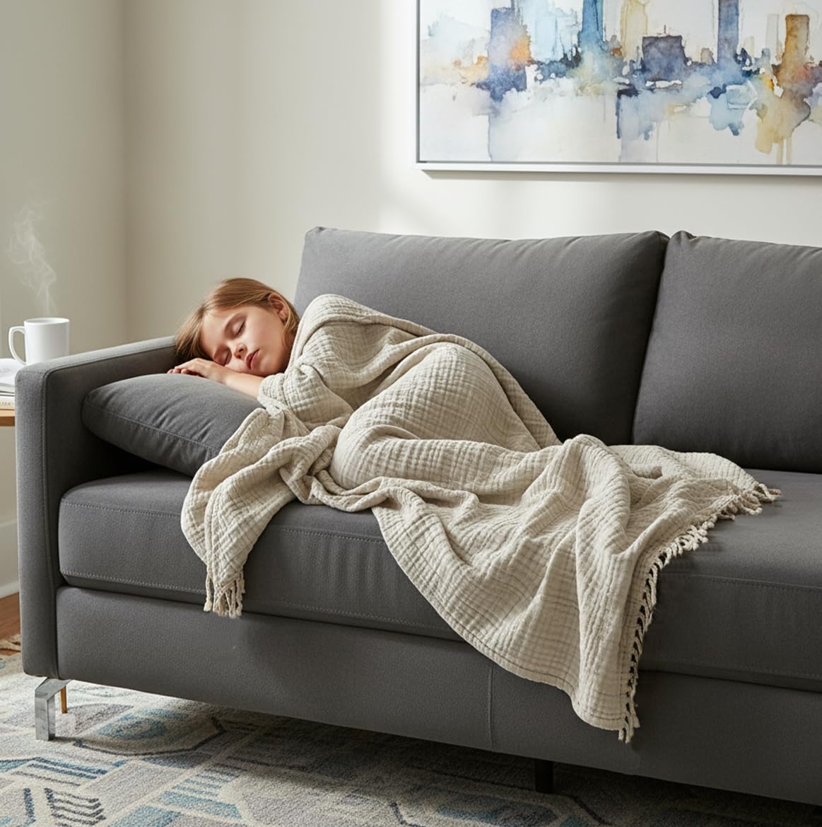 KyraHome 100% Organic Cotton Muslin Throw Blanket, 50"x60", Oatmeal Khaki