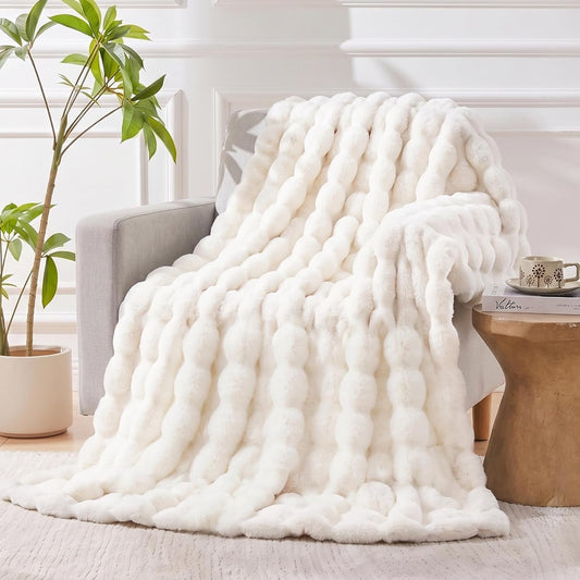 Faux Fur Throw Blanket for Couch, Luxury Cozy Soft Fluffy and Fuzzy Plush Rabbit Fur Bubble Blanket for Sofa Bedroom Living Room, Mothers Day Birthday Gifts for Women