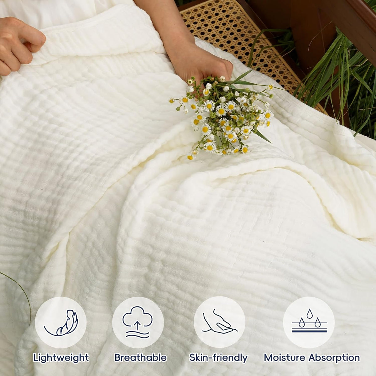 PHF Cooling Muslin Blanket King Size 104"x80", 6-Layer Lightweight Gauze Blanket Made from 35% Rayon Derived from Bamboo & 65% Cotton, Breathable & Ultra Soft Cozy for Hot Sleepers, Cream White
