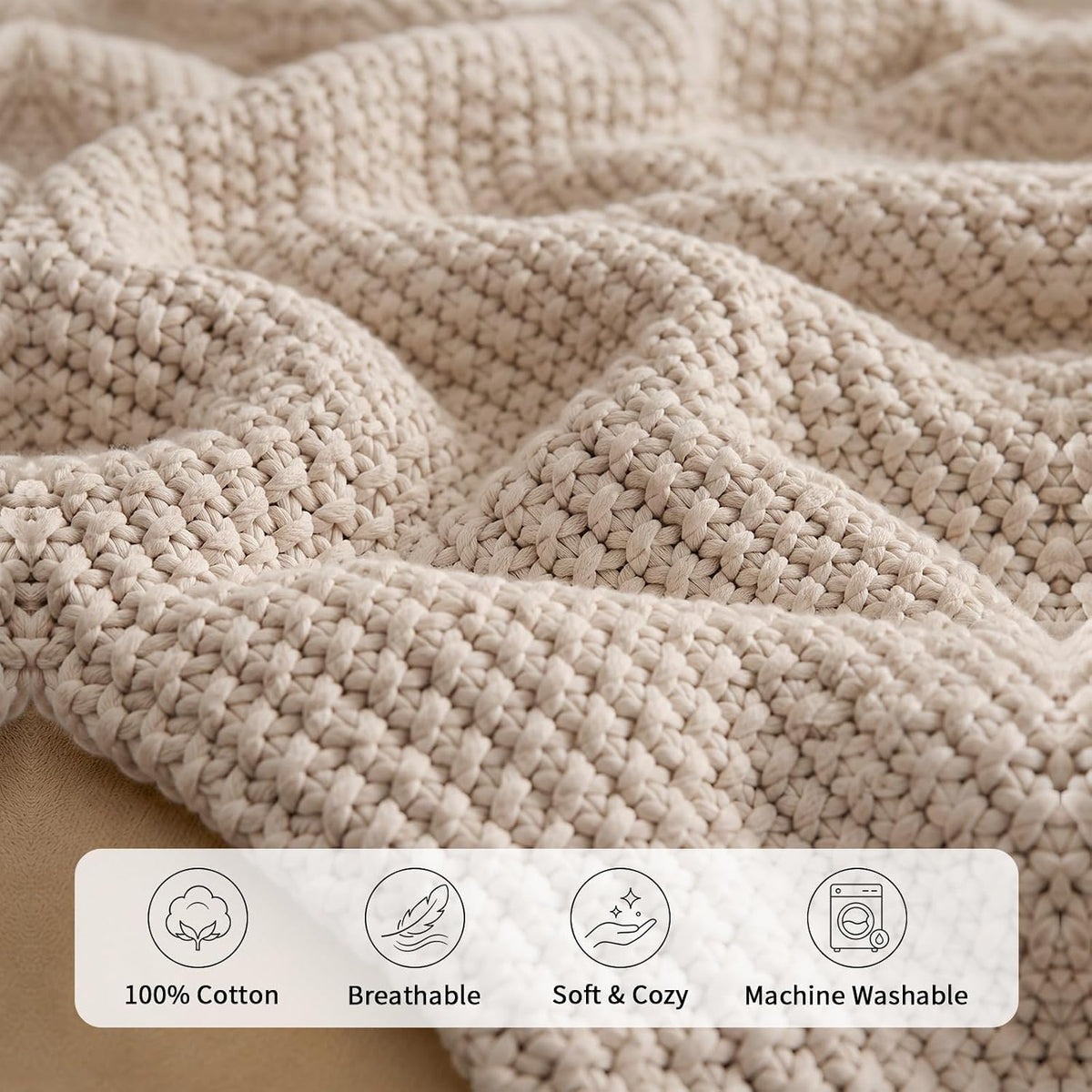 Longhui bedding Chunky Cable Knit Throw Blanket Lightweight Beige 100% Organic Cotton Blanket for Sofa Couch Bed Baby Nursery, Rustic Shabby Chic Modern Farmhouse, 60” x 80”