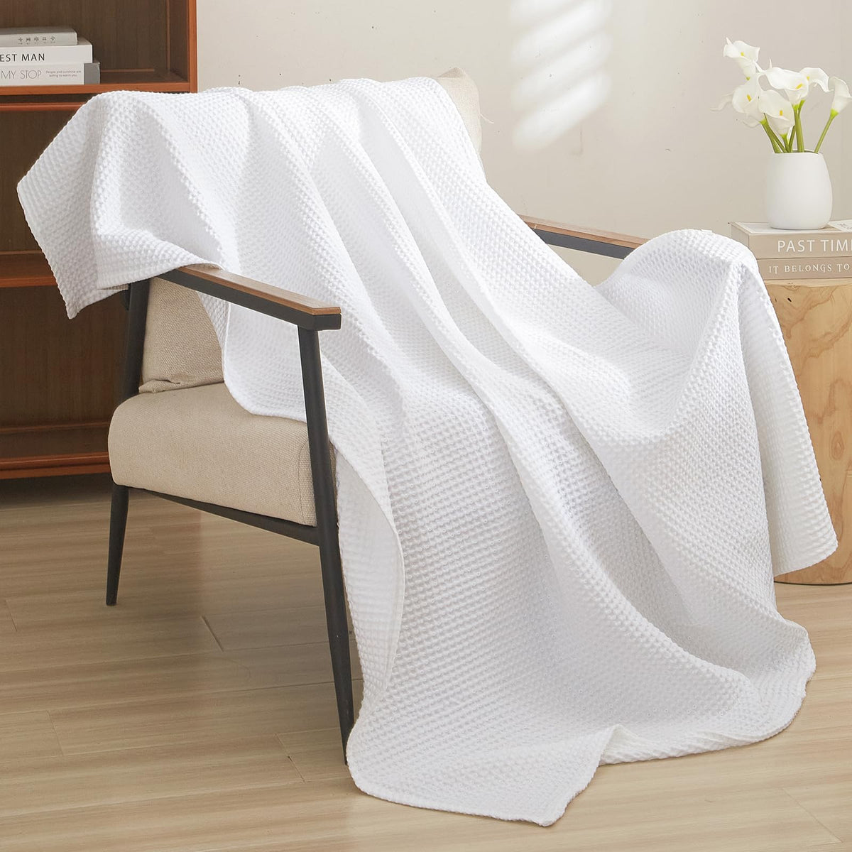 PHF 100% Cotton Waffle Blanket Lightweight Breathable, Queen Linen/Stone