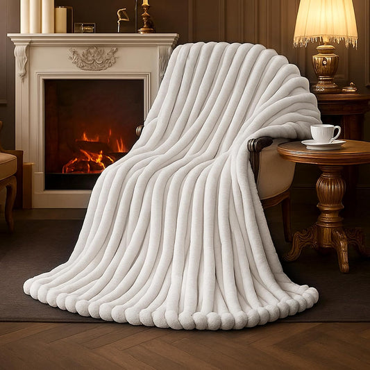 Amélie Home Soft Striped Faux Fur Throw Blanket for Couch, Ivory, 55"x70"