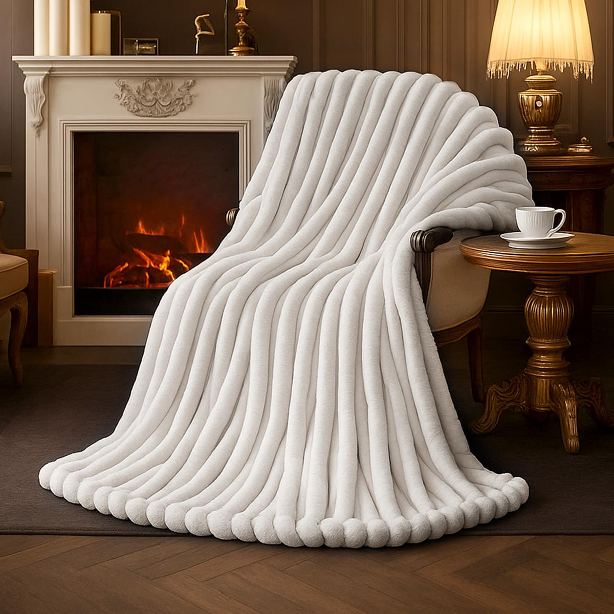 Amélie Home Soft Striped Faux Fur Throw Blanket for Couch, Ivory, 55"x70"