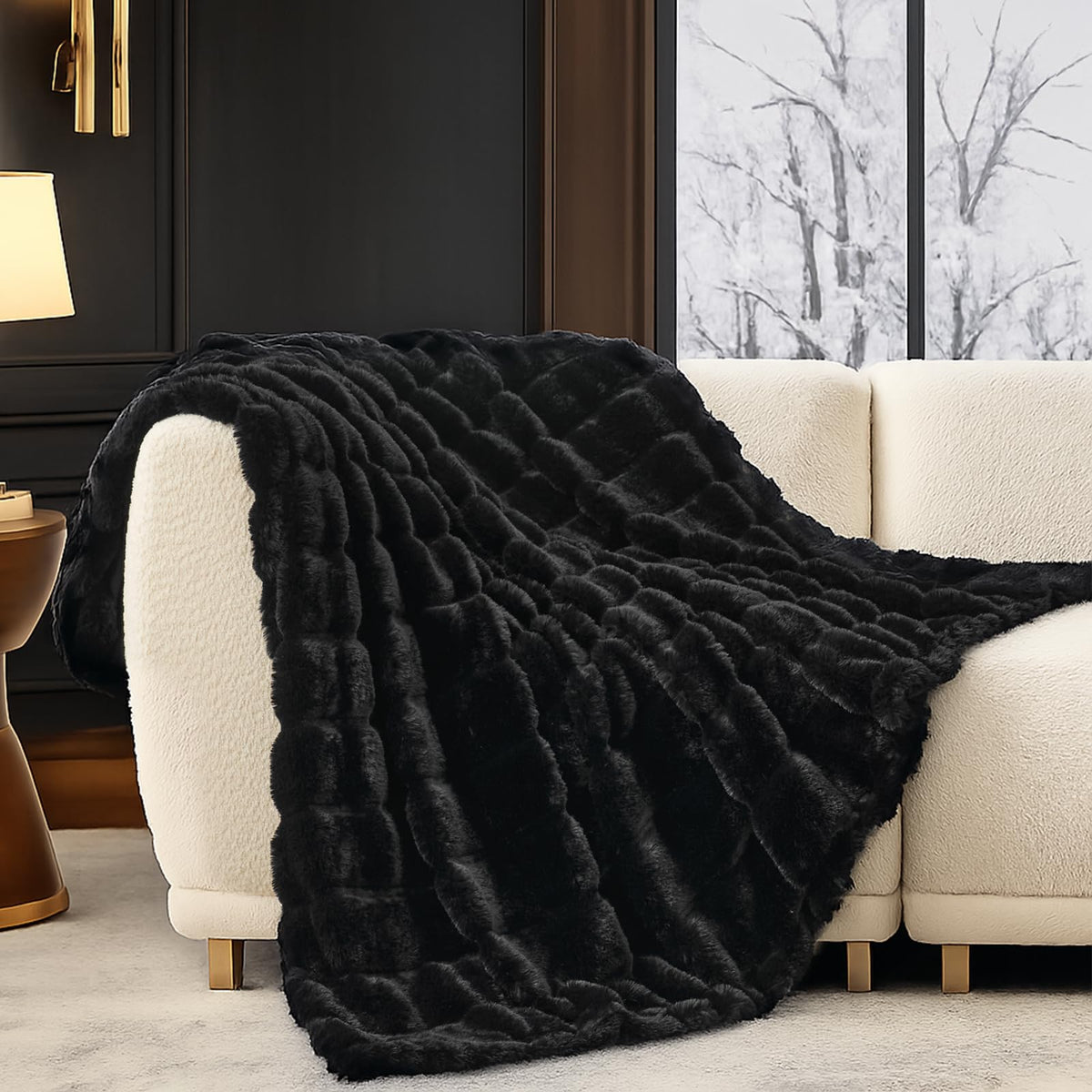 Cozy Bliss Deluxe Sheared Rabbit Faux Fur Throw Blanket, Soft Fuzzy High-Low Sculpted Plush Blanket for Couch, Cozy Home Accent, All Season Use, Grey 50"x60"