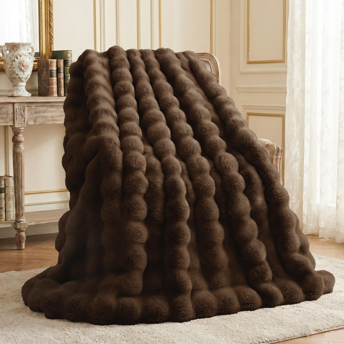 L'AGRATY Faux Rabbit Fur Throw Blanket for Couch, 50'' x 60'', Cocoa Brown