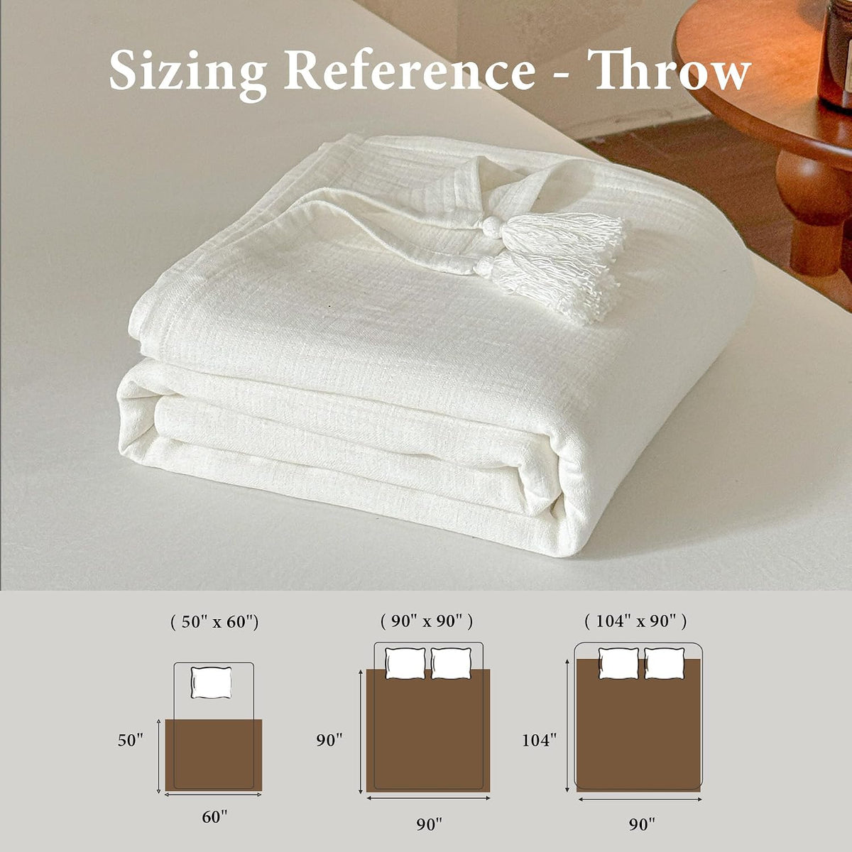 Simple&Opulence Linen Cotton Throw Blanket with Tassels, Double-Layer Flax Blend Blanket for Couch Sofa Bed, Soft Lightweight Breathable Boho Farmhouse Throw for All-Season (50"X60",White)