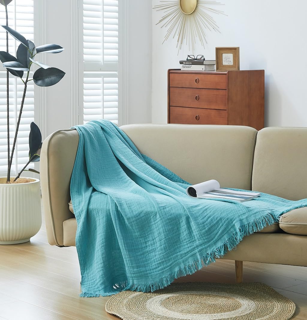 100% Cotton Muslin Throw Blanket for Bed, Couch, Small, Decorative, Soft, Pre-Washed, Breathable and Lightweight Gauze Blanket with Fringes(Linen Grey, 50"x60")