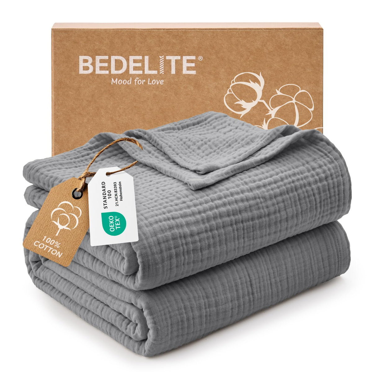 BEDELITE 100% Cotton Muslin Blanket for Adults, Breathable, White, 50"x70"